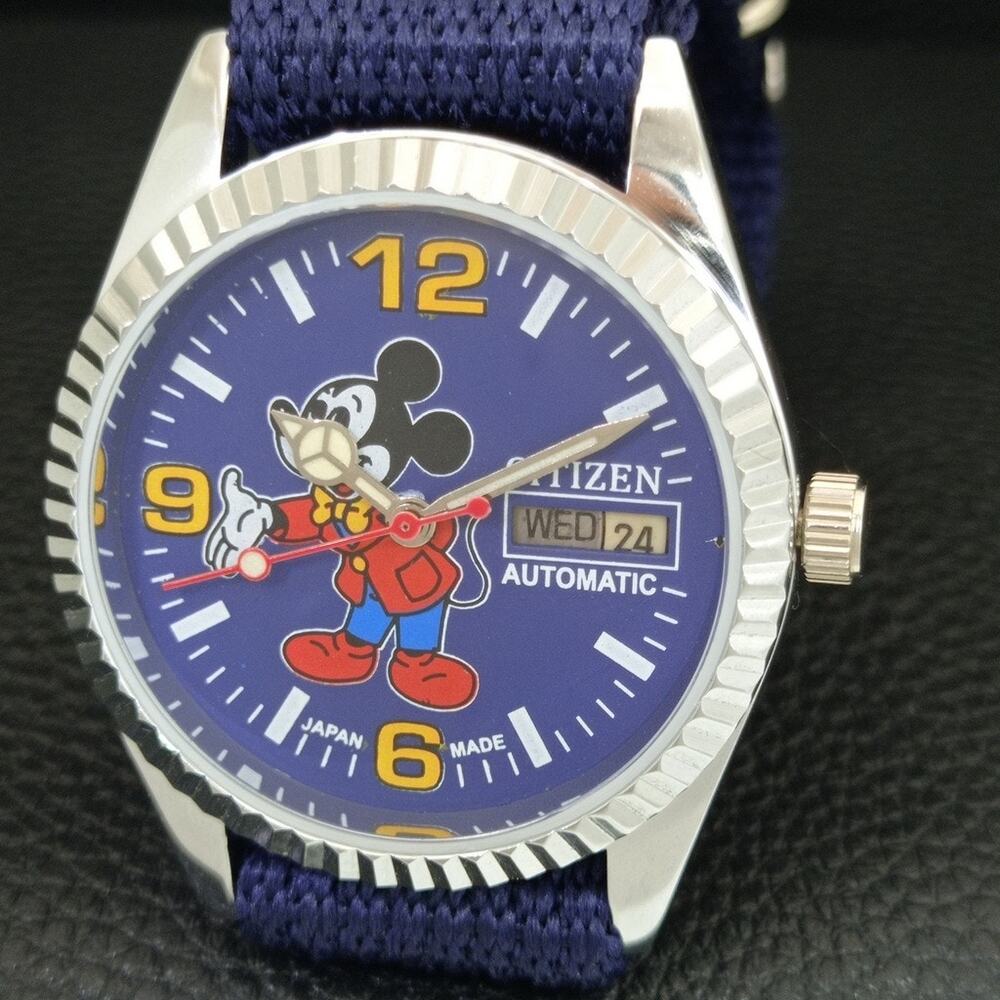 Vintage 1972 Disney Citizen Automatic Mens Silver Watch W/daydate & Blue accents - Picture 3 of 10
